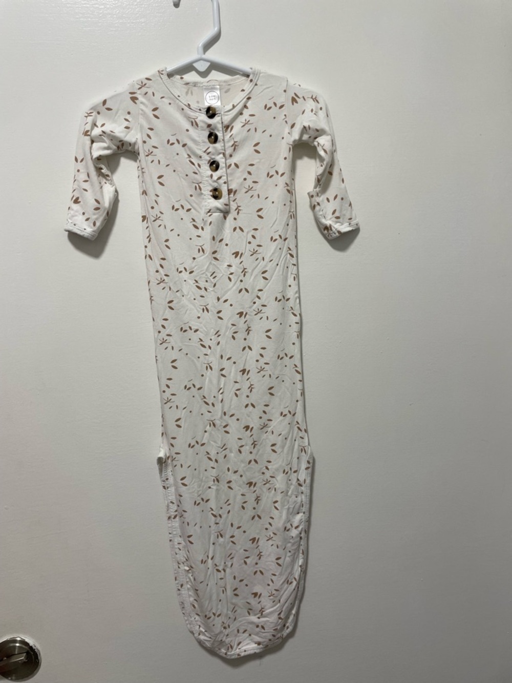 Lou Lou Neutral Leaf Print Baby Gown with Button Front